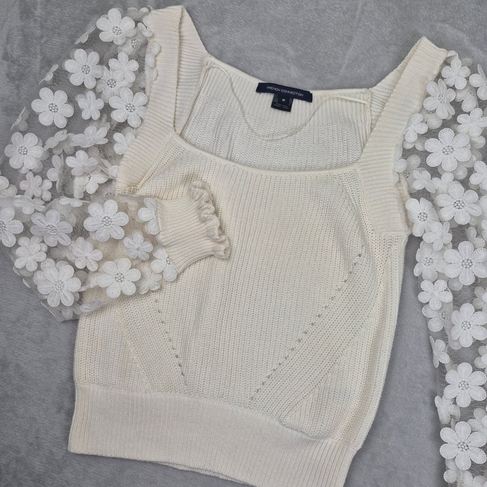 French Connection Cream Floral Mesh Sleeve Square Neck Knit Top Womens M Shirt